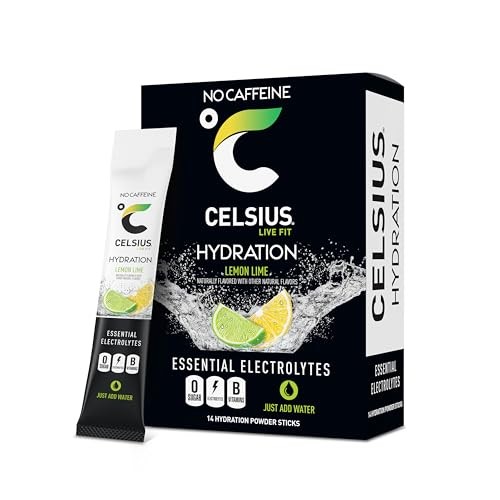 Celsius, Live Fit, Hydration, Essential Electrolytes, No Caffeine, Lemon Lime, 14 Hydration Powder Sticks, 0.26 Oz (7.41 G) Each