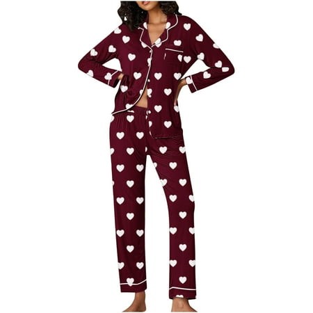 Aueoeo Women S Valentine S Day Pajama Gift Set Love Hearts Print Long Sleeve Button -Down Sleepwear & Pants Loungewear Pjs Set Nightwear Hot Pink X-La