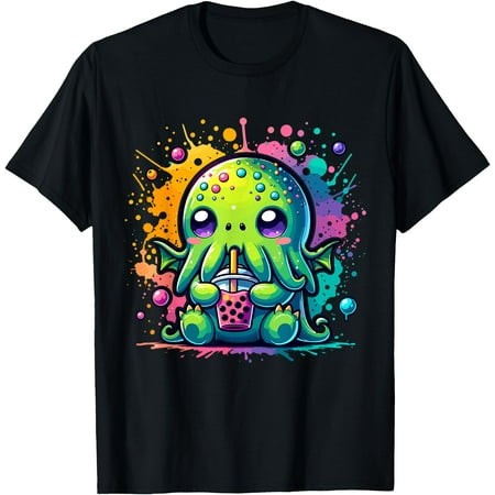 Cthulhu Kawaii Anime Alien Bubble Tea T-Shirt for Men Women Kids Light Blue Color Size YouthS