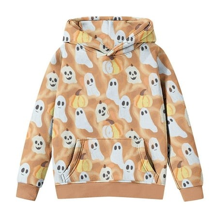 DOSUKRAI Kids Halloween Pumpkin Ghost Print Hooded Sweatwshirt Girls Fall Winter Comfy Hooedie with Pocket 2024 Trendy Pullovers for 4-14 Years Flash 