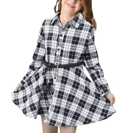 OJinShaWanO Toddler Flower Girl Dress Blue Girls Casual Dress Belt Long Sleeve Buffalo Check Black White Red Plaid Dresses for Kid 6-7T