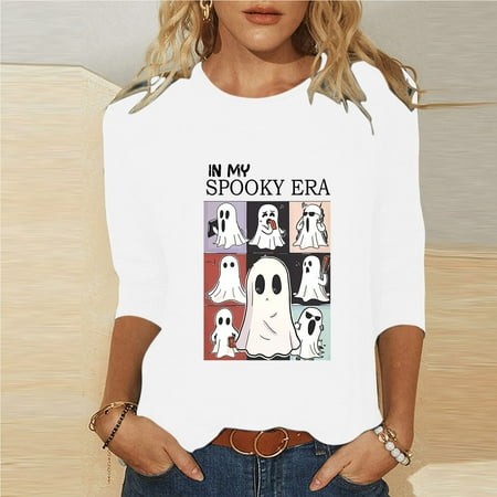 Xysaqa Christmas Shirts for Women Trendy 3/4 Sleeve Tops Casual Crewneck Tshirts Funny Ghost Graphic Tee Shirt 2024 Fall Clothes S-XXL Savings