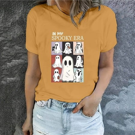 Xysaqa Womens Christmas T-Shirt Short Sleeve Cute Ghost Graphic Tees Tops for Women Trendy 2024 Fall Funny Family Crewneck T Shirts S-XXL on Clearance