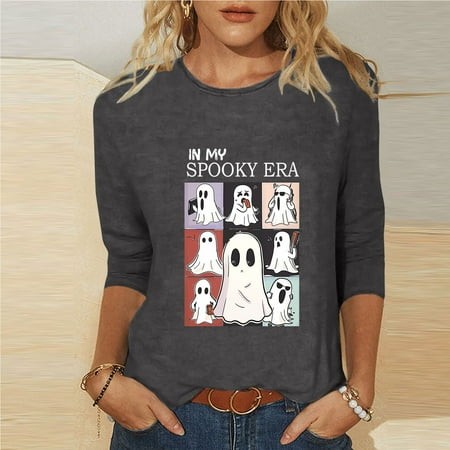 Xysaqa Christmas Shirts for Women Trendy 3/4 Sleeve Tops Casual Crewneck Tshirts Funny Ghost Graphic Tee Shirt 2024 Fall Clothes S-XXL on Clearance