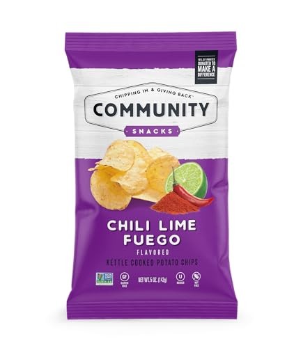 Community Snacks Chili Lime Fuego Flavor Kettle Cooked Potato Chips - 5 Oz Bag (12 Count) - Non-GMO, Gluten-Free, Kosher, Vegan - Zesty Heat with a Ci
