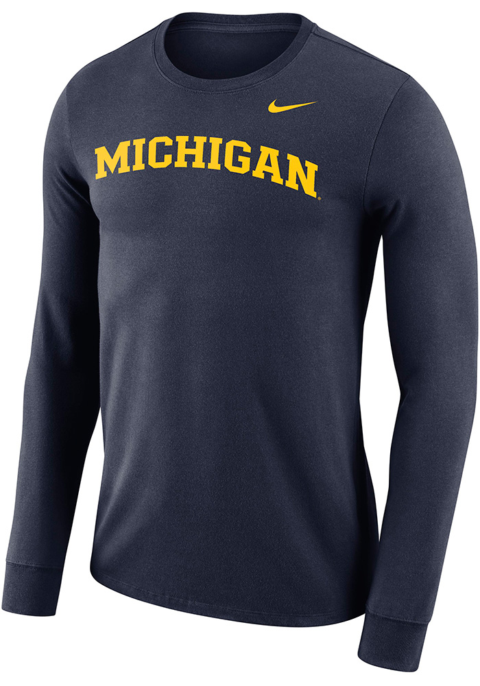 Nike Michigan Wolverines Navy Blue Wordmark Long Sleeve T Shirt, Navy Blue, 65% COTTON / 35% POLYESTER, Size L