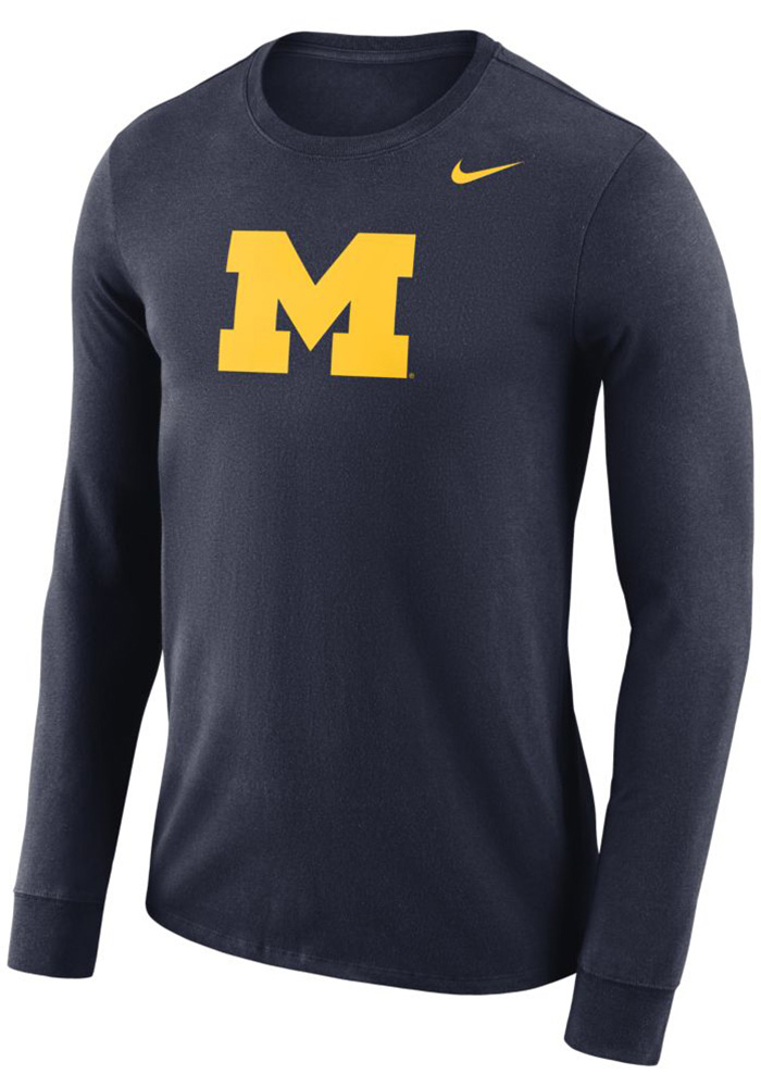 Nike Michigan Wolverines Navy Blue Logo Long Sleeve T Shirt, Navy Blue, 65% COTTON / 35% POLYESTER, Size L