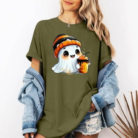 Blmnix Elegant Tops for Women Green Cute Crew Neck Short Sleeve Ghost Halloween Pullover Blouses for Lady 2024