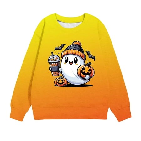 DOSUKRAI Cute Pumpkin Ghost Drinking Coffee Sweatshirts for Girls Halloween 2024 Gradient Color Crewneck Pullover Tops Plus Size Shirts for 1-12 Years