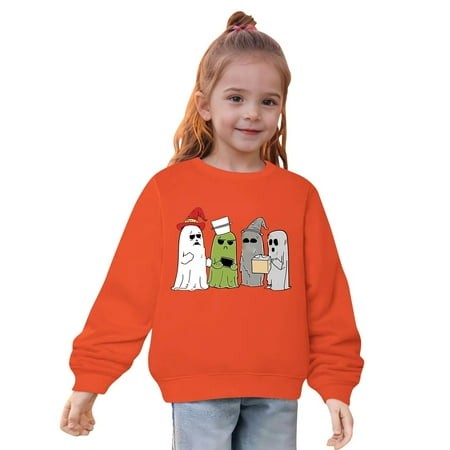 DOSUKRAI 2024 Novelty Ghost Sweatshirt Girls Kids Crewneck Long Sleeve Cotton Pullover Lightweight Casual Soft Winter Fall Shirts for 2-10 Years Flash