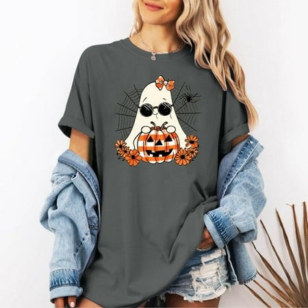 Xysaqa Pumpkin Shirt for Women Christmas Funny Ghost Pumpkin Graphic Tees for Women 2024 Fall Fashion Clothes Y2K Tops Casual Short Sleeve Holiday Tee
