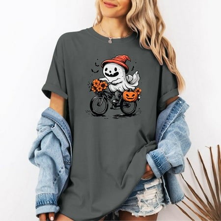 Xysaqa Pumpkin Printed T Shirt Womens Funny Bicycle Ghost Graphic Tees for Women 2024 Fall Fashion Clothes Outfits Casual Short Sleeve Summer Tops Tha