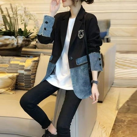 2023 Spring Autumn Denim Suit Jacket Women‘s Plaid Splicing Jeans Coat Female Korean Fashion Personality Black Tops 2564 LYH