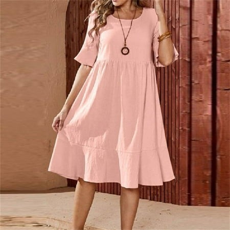Sundress Sun Dress Crew Neck Short Sleeve Lightweight Womens Summer Outfits Regular Fit Cotton Comfy Solid for Casual Wear Pink M