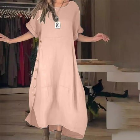 Ganfancp Summer Dress Fit & Flare V-Neck Short Sleeve Linen Dresses Womens Summer Outfits Slim Fit Cotton Trendy Solid for Beach Pink L Sales Today Cl