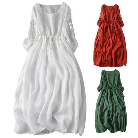 Ganfancp Floral Dress for Women Sun Dress V-Neck 3/4 Sleeve Linen Dresses Plus Size Summer Dresses Loose Fit Cotton Simple Solid for Casual Wear Green