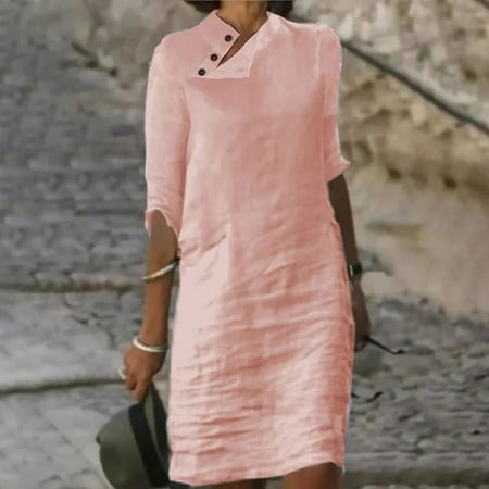 Cyber_Monday Deals! Ganfancp MIDI Dresses for Women a-Line Crew Neck Elbow-Length Linen Dresses Summer Dresses for Women Regular Fit Cotton Comfy Soli