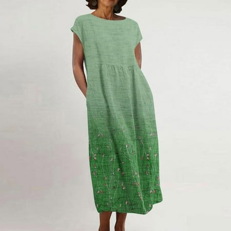 Summer Dress Fit & Flare Crew Neck Sleeveless Tank Dresse Beach Dresses for Women Loose Fit Cotton Trendy Printed for Traveling Green L
