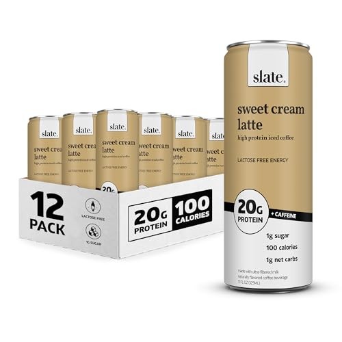 Slate Milk - High Protein Iced Coffee - Sweet Cream Latte - 175mg Caffeine, Lactose Free Energy - 20g Protein, 1g Sugar, 100 Calories, 1g Net Carbs, N