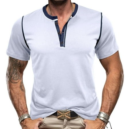 Toonshare Graphic T-Shirts Mens Elegant up to 30% Off Men Short Sleeve Casual Fashion Round Neck Pullover Buttons T Shirt Blouse White L