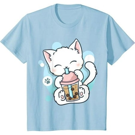 Cat Boba Tea Bubble Anime Kawaii Neko Youth T-Shirt  Cute Gift Tee for Boys Girls Kids Toddler Cats Lover  Light Blue Color  Size S
