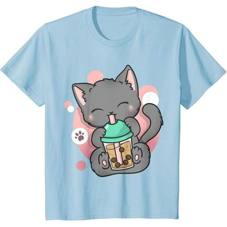 Cat Boba Tea Bubble Anime Kawaii Neko Youth T-Shirt  Cute Gift for Boys Girls Kids Toddler Cats Lover  Light Blue Color  Size XS