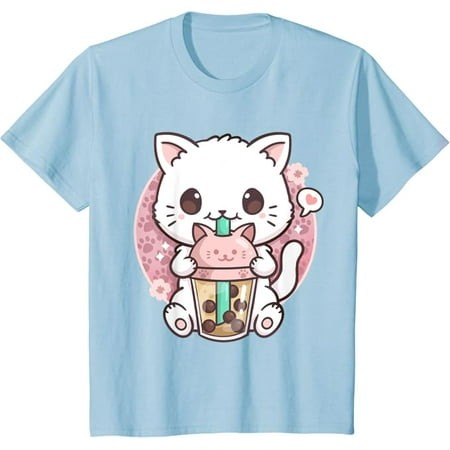 Boba Cat Tea Bubble Tea Anime Kawaii Neko Youth T-Shirt  Funny Gift for Boys Girls Kids Toddler Cats Lover  Light Blue Color  Size S