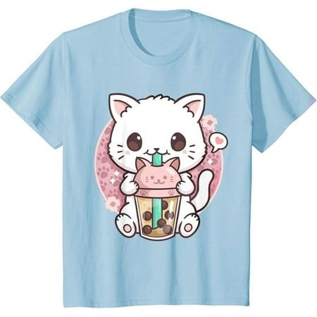 Boba Cat Tea Bubble Tea Anime Kawaii Neko Youth T-Shirt  Funny Gift for Boys Girls Kids Toddler Cats Lover  Light Blue Color  Size L