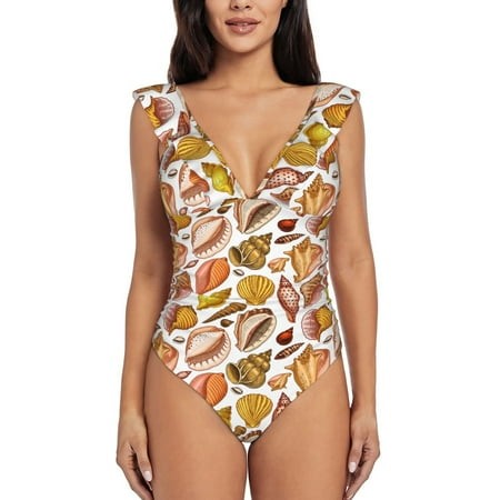 One Piece Swimsuits Women Tummy Control  Conch Shells Print No.9021 Bathing Suit V Neck Ruffle Swimsuits for Women