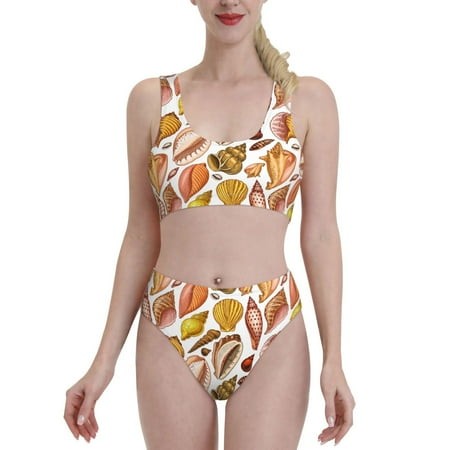 Bikini Sets for Women  Conch Shells Print No.9021 High Waisted Bikini Sets Bathing Suit 2-Piece Drawstring Swimsuit