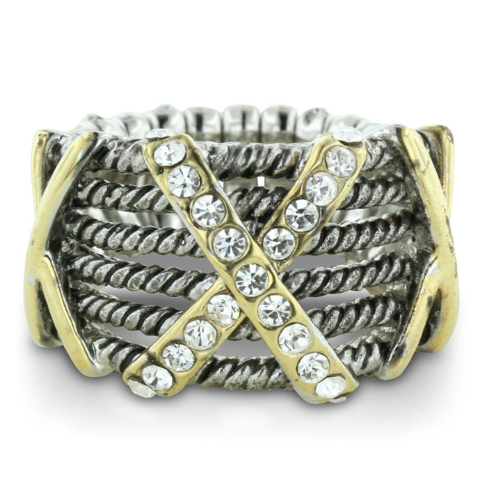 Silver Tone Stretch Twisted Cable Ring W/ Crystal Studded X Accent, Size 7 by SuperJeweler