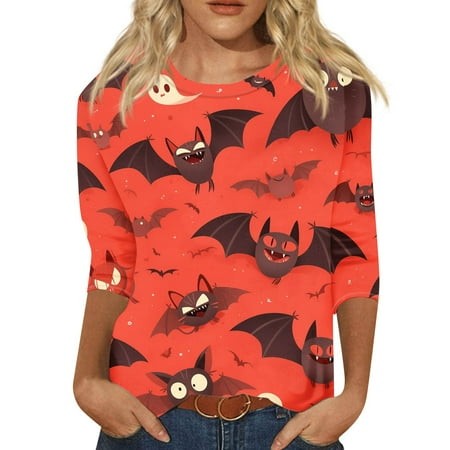 Tunics or Tops to Wear with Leggings Pumpkin Ghost Print T-Shirts 3/4 Length Sleeve Round Neck Tshirts Casual Loose Fall Outfits for Women 2024 Waterm