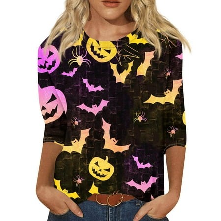 Tunics or Tops to Wear with Leggings Pumpkin Ghost Print Blouse 3/4 Length Sleeve Round Neck T-Shirts Casual Loose Fall Outfits for Women 2024 Purple 