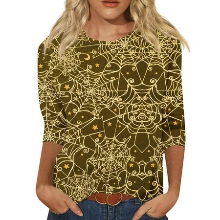 Tunics or Tops to Wear with Leggings Pumpkin Ghost Print Blouse 3/4 Sleeve Round Neck Tshirts Casual Loose Fall Outfits for Women 2024 Gold Medium