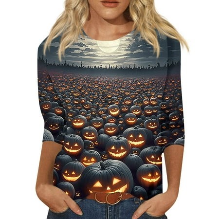 Tunics or Tops to Wear with Leggings Pumpkin Ghost Print T-Shirts 3/4 Sleeve Crewneck Blouse Casual Loose Fall Outfits for Women 2024 Dark Gray 4X-Lar
