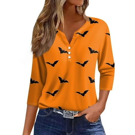 Tunics or Tops to Wear with Leggings Pumpkin Ghost Print Tshirts 3/4 Sleeve Henley Button V Neck Tunic Casual Loose Fall Clothes for Women 2024 X-Larg