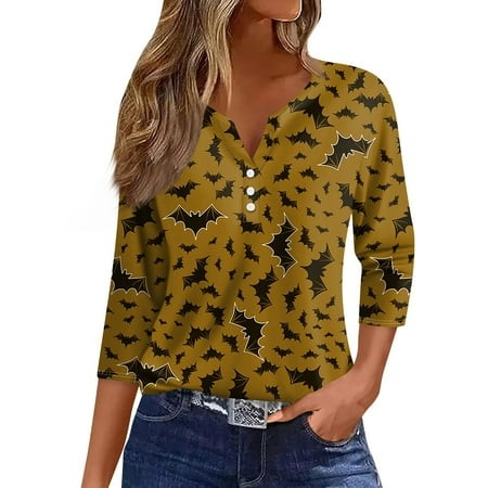 Tunics or Tops to Wear with Leggings Pumpkin Ghost Print Blouse 3/4 Sleeve Henley Button V Neck Tunic Loose Fit Fall Outfits for Women 2024 Coffee XX-