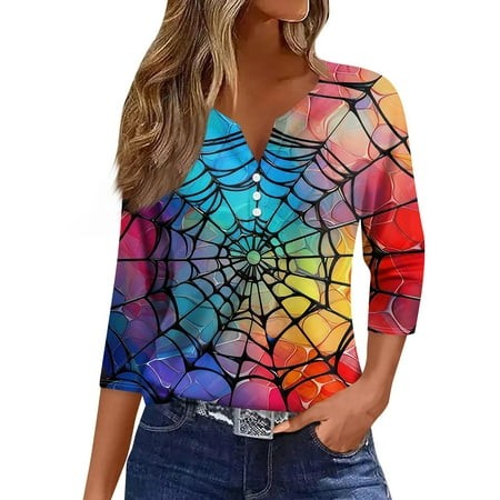 Tunics or Tops to Wear with Leggings Pumpkin Ghost Print T-Shirts 3/4 Sleeve Henley Button V-Neck Tshirts Casual Loose Fall Outfits for Women 2024 Blu
