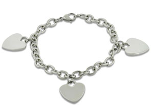 Ladies' Dangling Triple Heart Charm Bracelet in Stainless Steel thumbnail