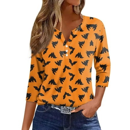Tunics or Tops to Wear with Leggings Pumpkin Ghost Print T-Shirts 3/4 Sleeve Henley Button V Neck Tshirts Loose Fit Fall Clothes for Women 2024 3X-Lar