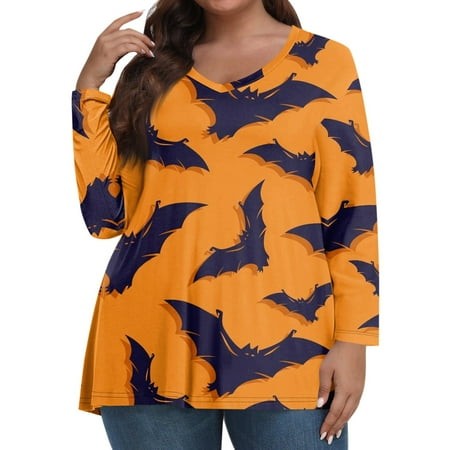 Tunics or Tops to Wear with Leggings Plus Size Pumpkin Ghost Print Blouse Long Sleeve V-Neck T-Shirts Oversized Tunic Fall Clothes for Women 2024 Eart