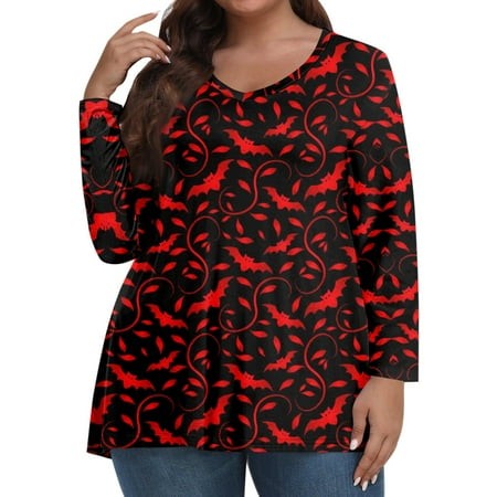 Tunics or Tops to Wear with Leggings Plus Size Pumpkin Ghost Print Tshirts Long Sleeve V Neck T-Shirts Oversized Tunic Fall Outfits for Women 2024 Red