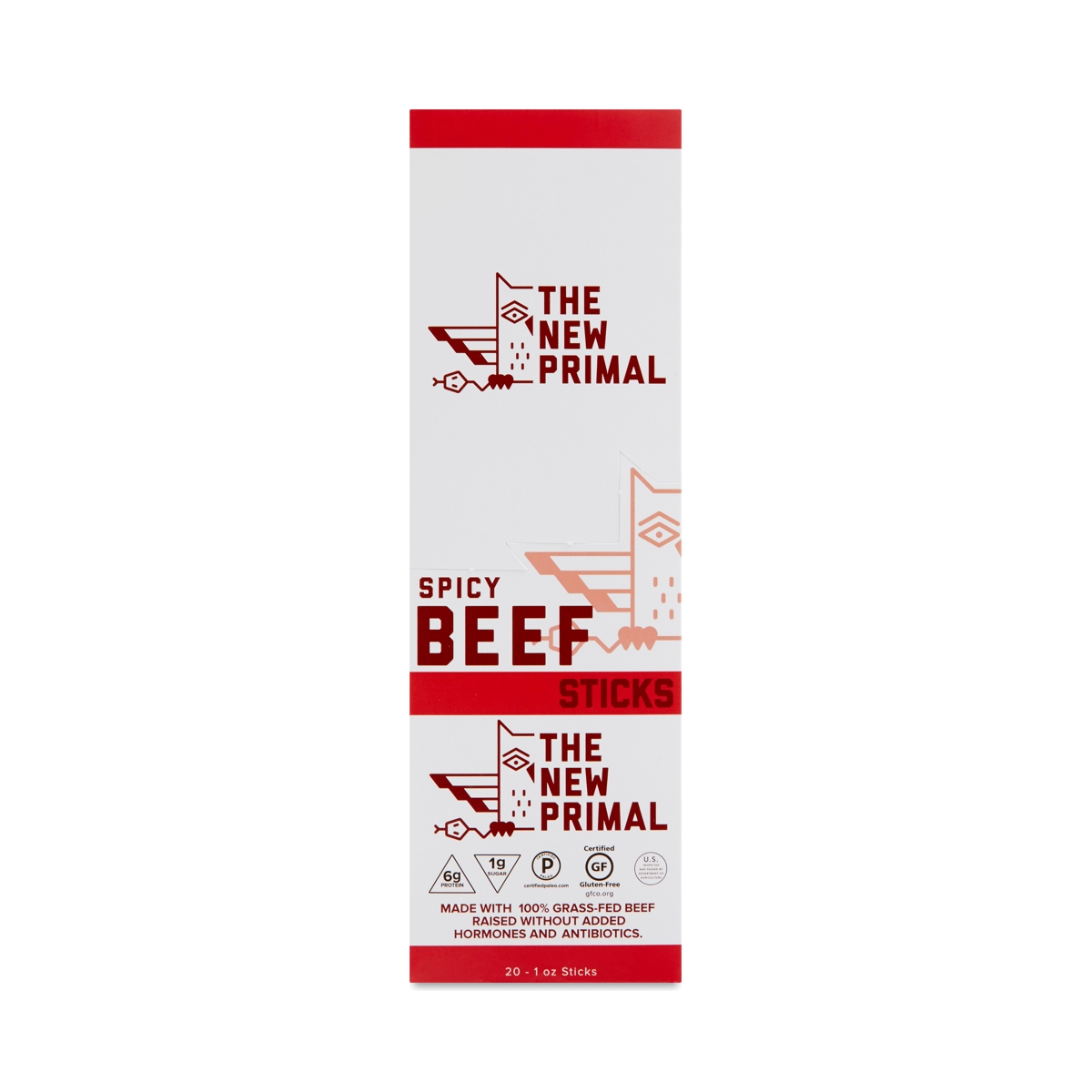 The New Primal Grass-Fed Beef Sticks, Spicy 20 Sticks (1 Oz Each)