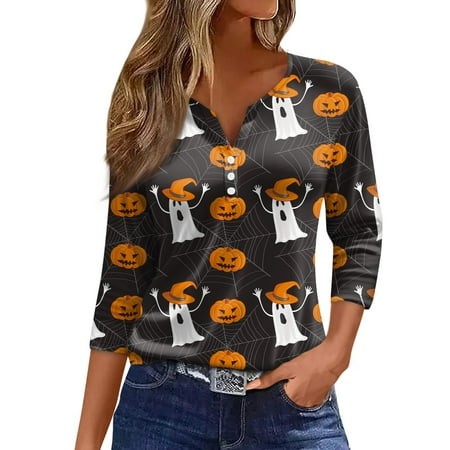 Tunics or Tops to Wear with Leggings Pumpkin Ghost Print T-Shirts 3/4 Length Sleeve Henley Button V-Neck Tshirts Loose Fit Fall Clothes for Women 2024