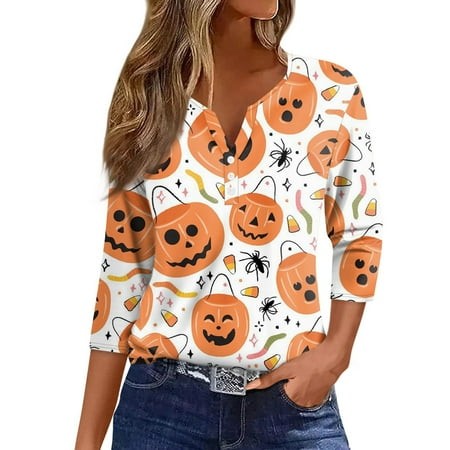 Tunics or Tops to Wear with Leggings Pumpkin Ghost Print Blouse 3/4 Sleeve Henley Button V-Neck Tunic Casual Loose Fall Clothes for Women 2024 White M
