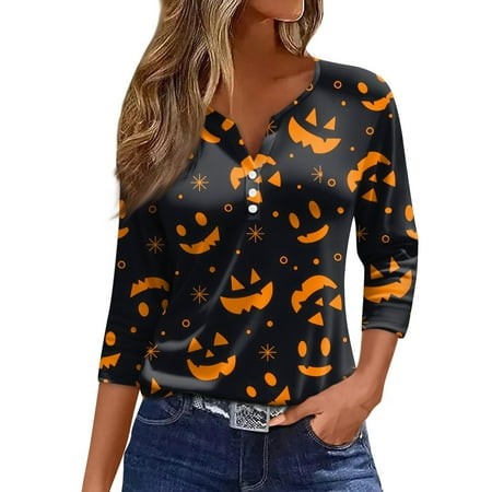 Tunics or Tops to Wear with Leggings Pumpkin Ghost Print Tunic 3/4 Sleeve Henley Button V Neck Tshirts Loose Fit Fall Outfits for Women 2024 Gray 3X-L