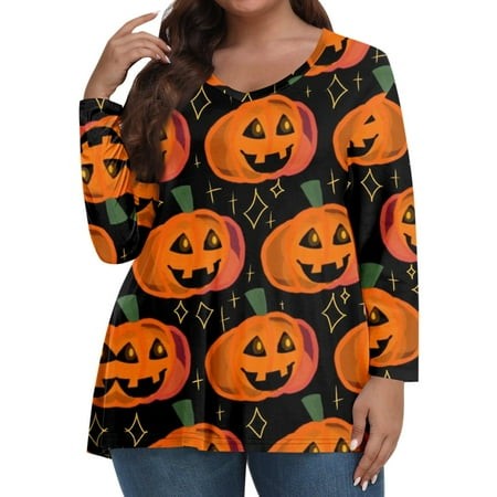 Tunics or Tops to Wear with Leggings Plus Size Pumpkin Ghost Print Tunic Long Sleeve V Neck Tshirts Oversized T-Shirts Fall Outfits for Women 2024 Ora