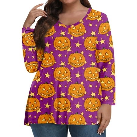 Tunics or Tops to Wear with Leggings Plus Size Pumpkin Ghost Print Blouse Long Sleeve V Neck Tshirts Oversized Tunic Fall Clothes for Women 2024 Purpl