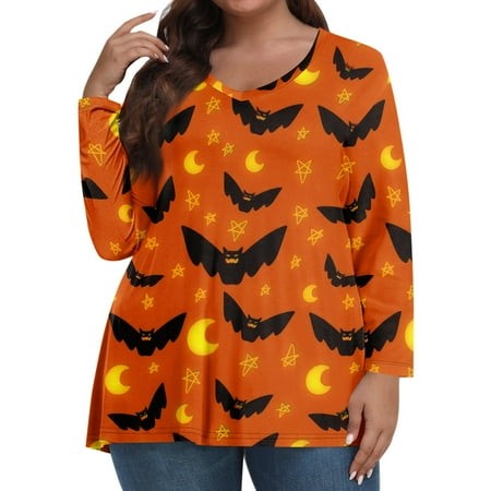 Tunics or Tops to Wear with Leggings Plus Size Pumpkin Ghost Print Tunic Long Sleeve V Neck T-Shirts Oversized Blouse Fall Outfits for Women 2024 Blac