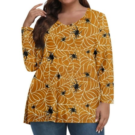 Tunics or Tops to Wear with Leggings Plus Size Pumpkin Ghost Print T-Shirts Long Sleeve V-Neck Tshirts Oversized Tunic Fall Clothes for Women 2024 Ora